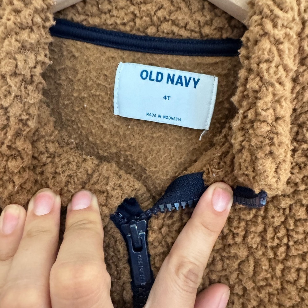 Old Navy Sherpa Fleece Jacket 4T Brown Teddy Zip Up Coat Pink Pocket Retro Core - Picture 3 of 4